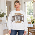 Expensive Difficult and Talks Back leopard lettering white sweatshirt front adult model photo