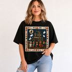 Vintage Halloween bears haunted house graphic tee black front print female model
