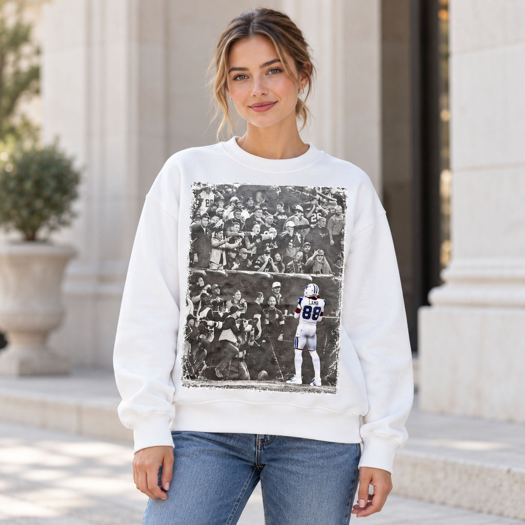 Lamb 88 Stadium Crowd Football Graphic Sweatshirt and Tee white front print on model