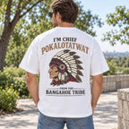White T-shirt back on a male model showing the complete Chief Pokalotatwat portrait and Bangahoe Tribe print