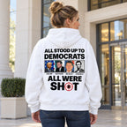 All Stood Up to Democrats labeled portrait collage and red target detail on white hoodie back, adult model photo