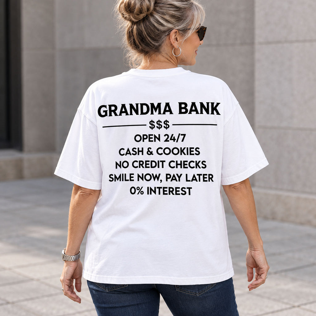 White graphic tee back adult model with Grandma Bank lettering design