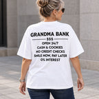 White graphic tee back adult model with Grandma Bank lettering design