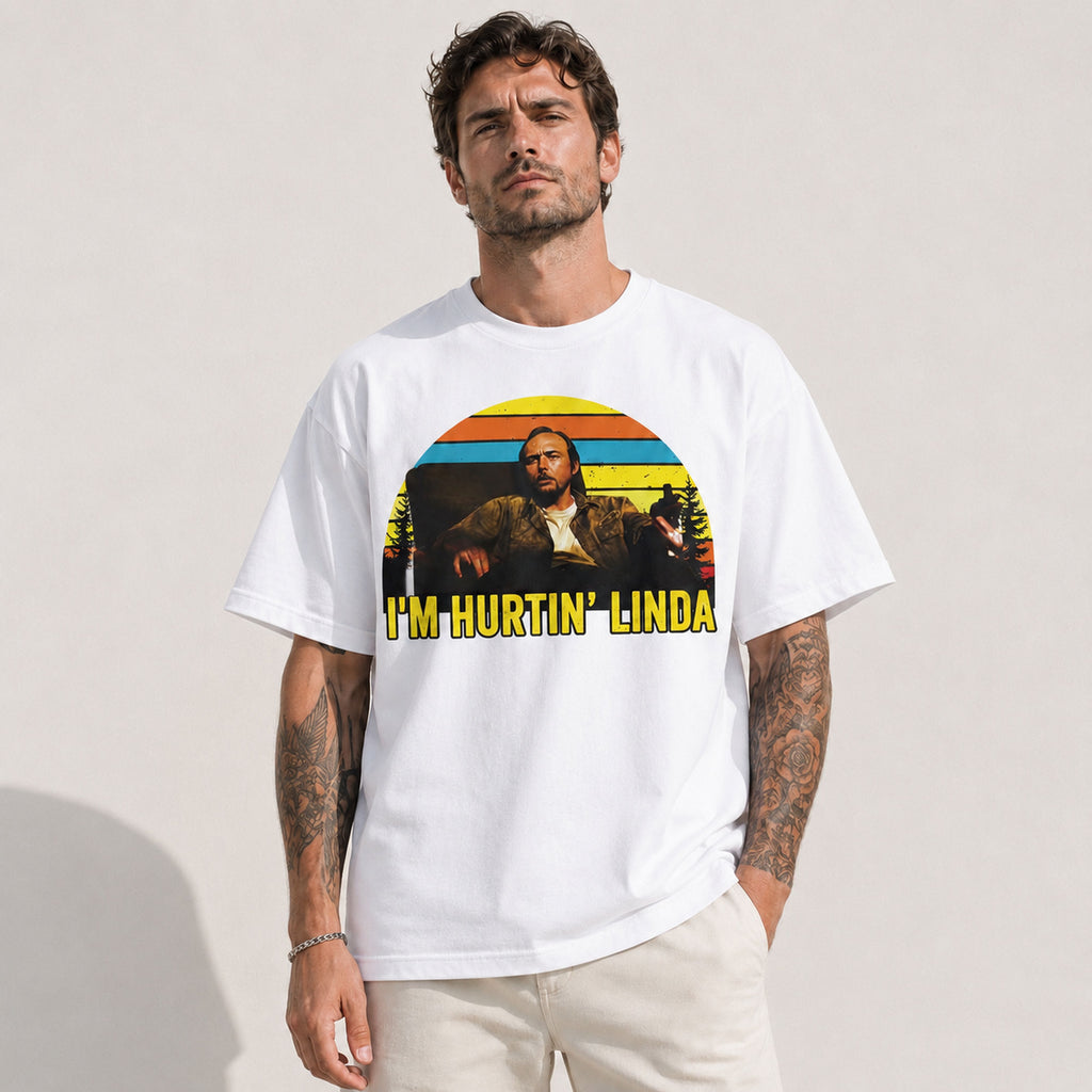 I'm Hurtin' Linda funny retro graphic tee white front model