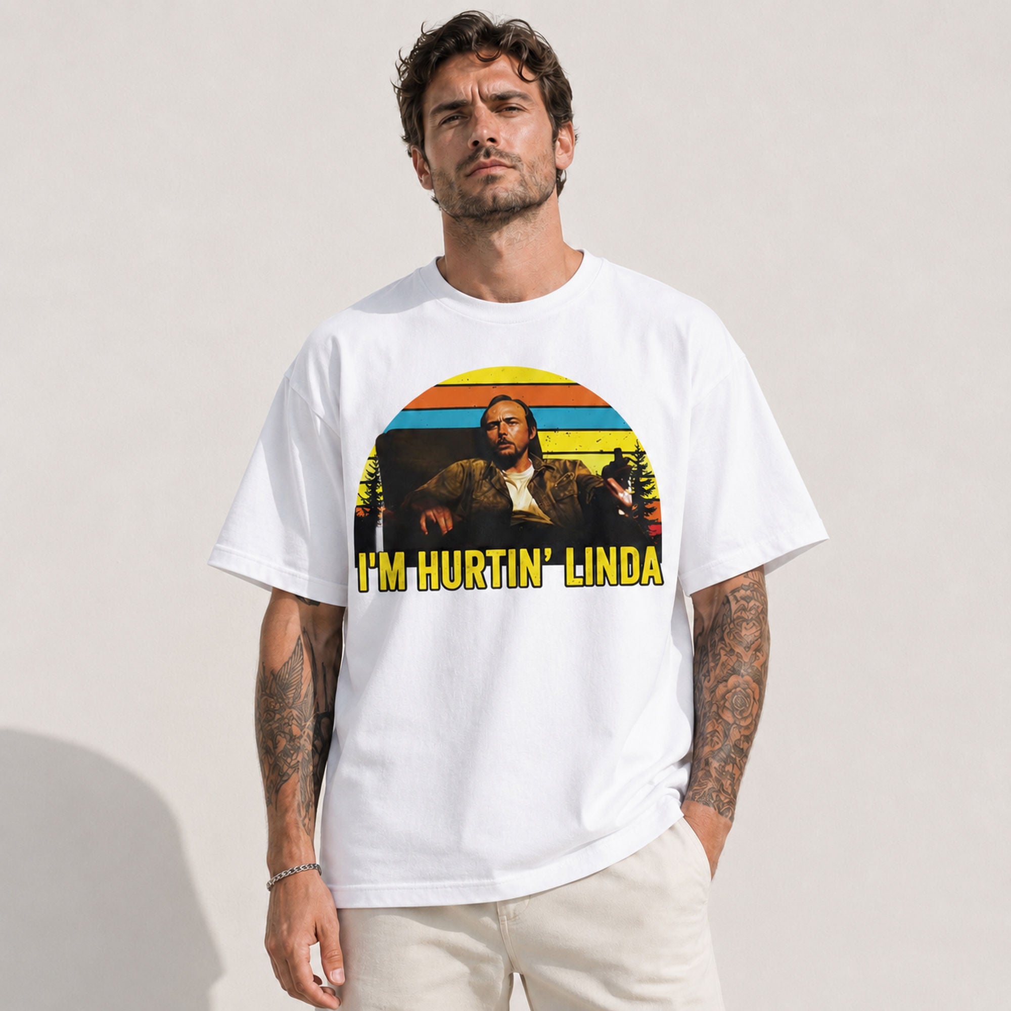 I'm Hurtin' Linda funny retro graphic tee white front model