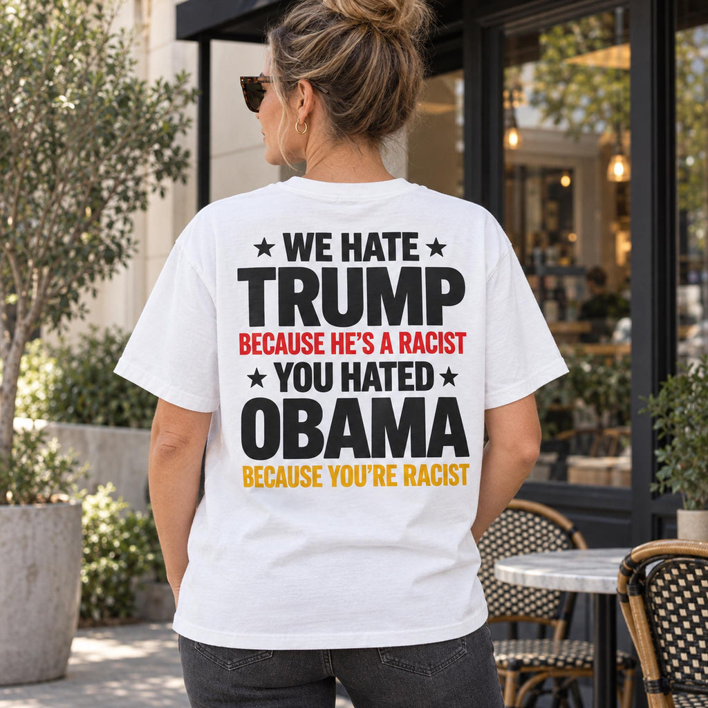 Trump and Obama Statement white T-shirt back adult model lifestyle photo