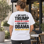 Trump and Obama Statement white T-shirt back adult model lifestyle photo