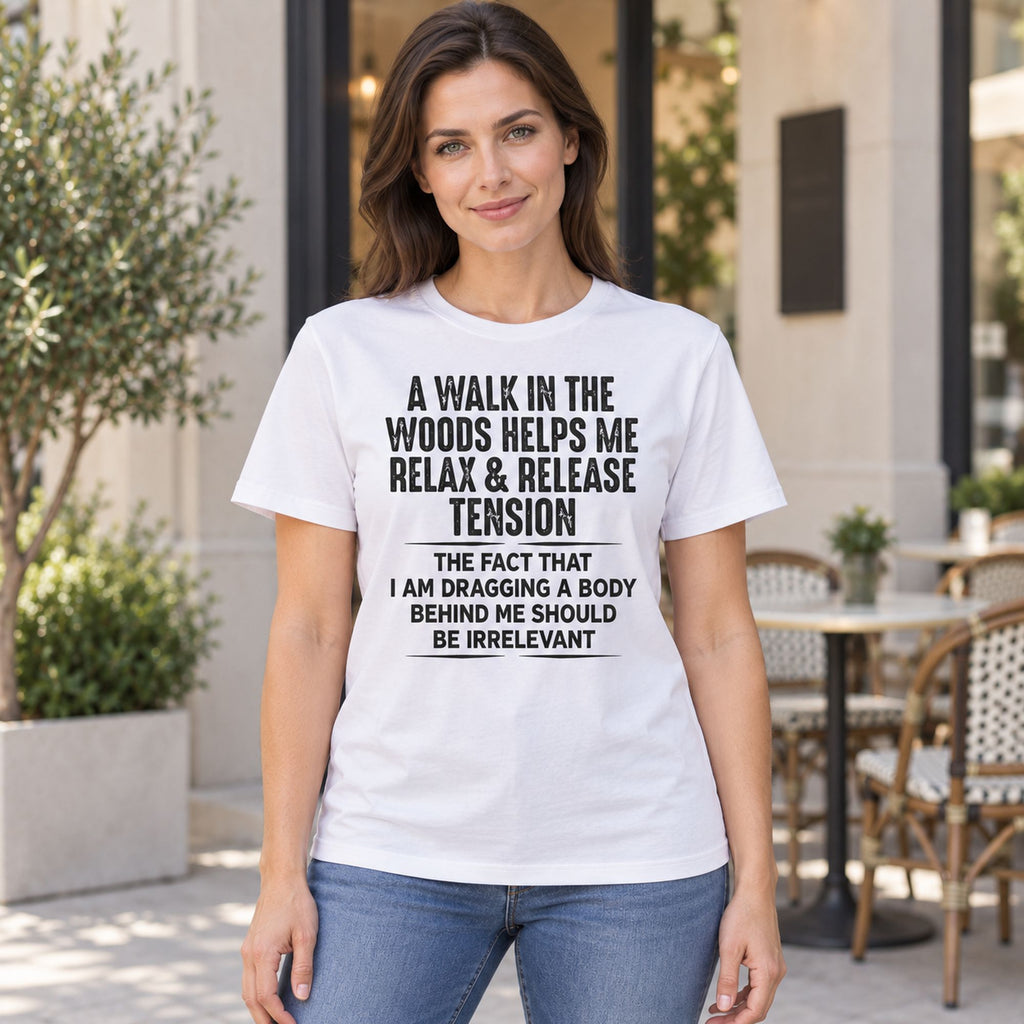 White graphic tee front adult model with A Walk In The Woods design