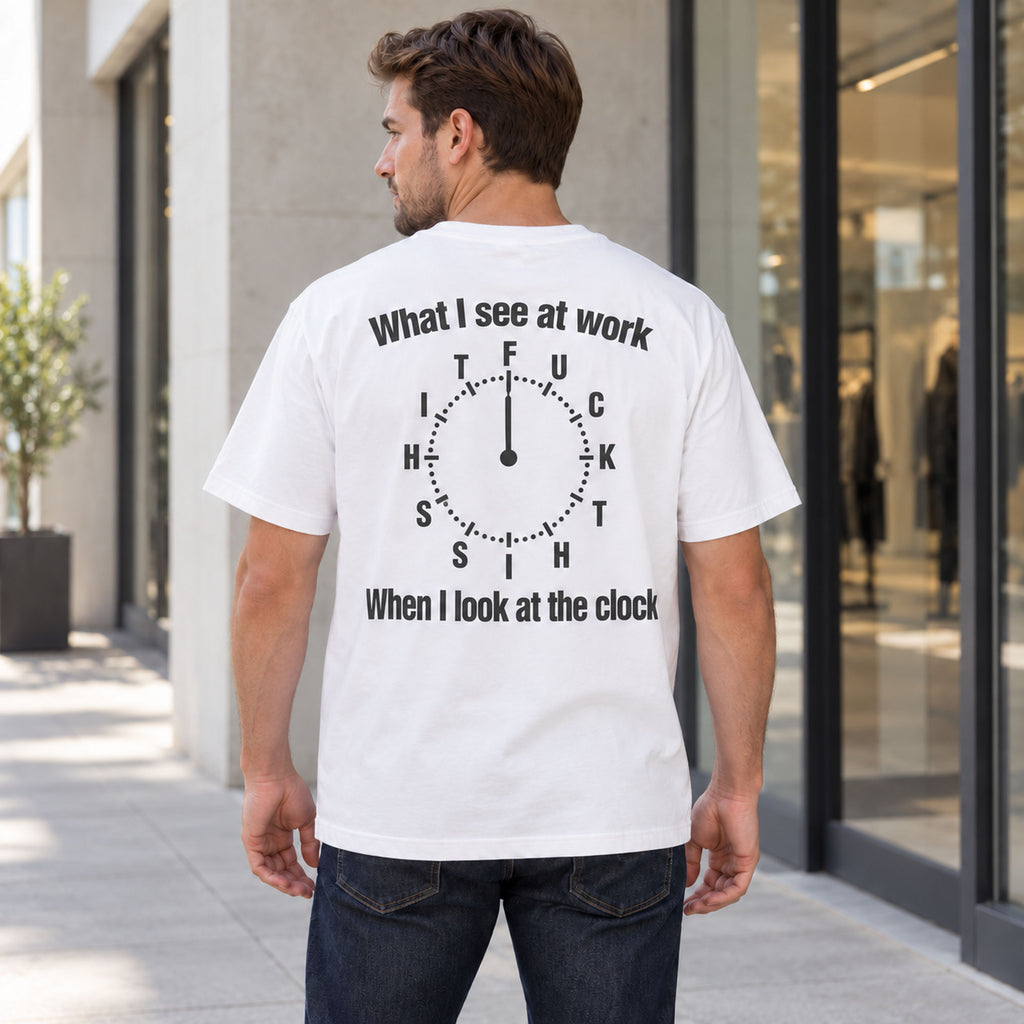 White graphic tee back adult model with What I See At Work lettering design