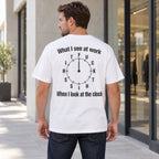 White graphic tee back adult model with What I See At Work lettering design