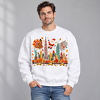 New York Holiday Parade Skyline Graphic Sweatshirt and Tee white front print on model