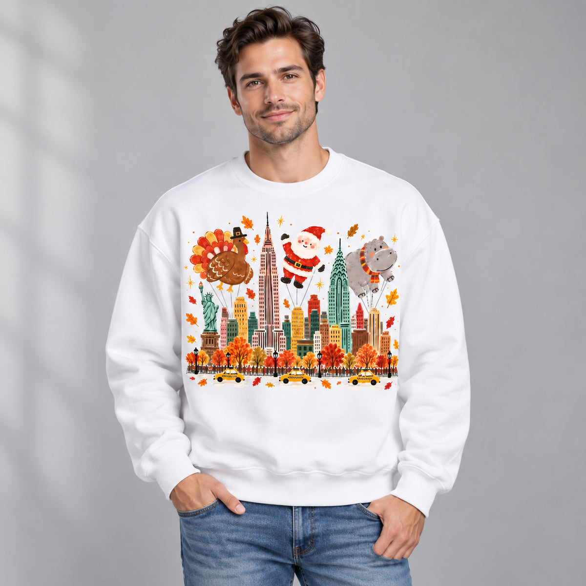New York Holiday Parade Skyline Graphic Sweatshirt and Tee white front print on model