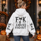 White hoodie back adult model with FAFO Skull back and sleeve design
