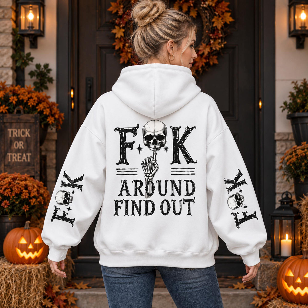 White hoodie back adult model with FAFO Skull back and sleeve design