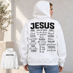 Jesus Is King names of Jesus white hoodie back-view model with front-print inset