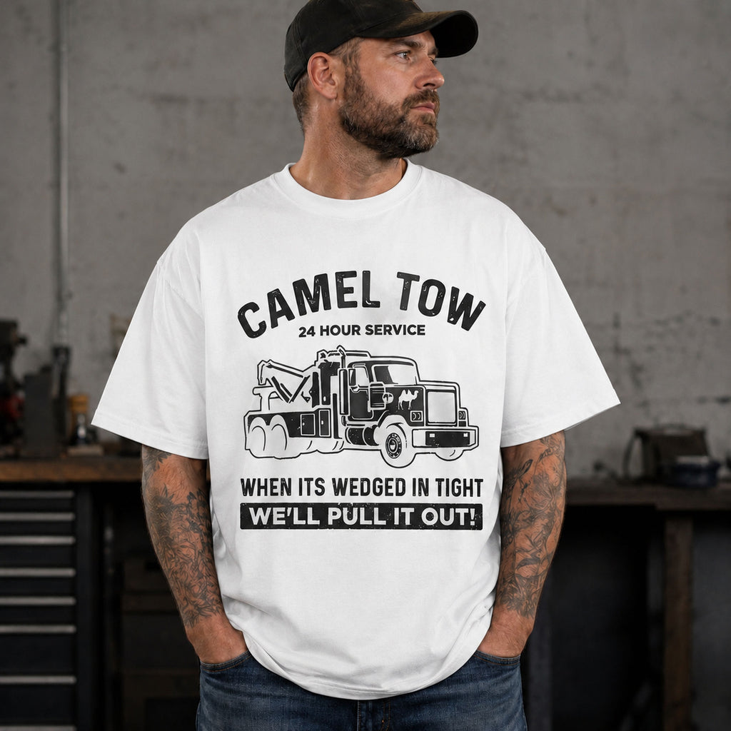 Camel Tow 24 Hour Service towing graphic tee white front print male model
