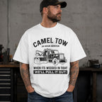Camel Tow 24 Hour Service towing graphic tee white front print male model