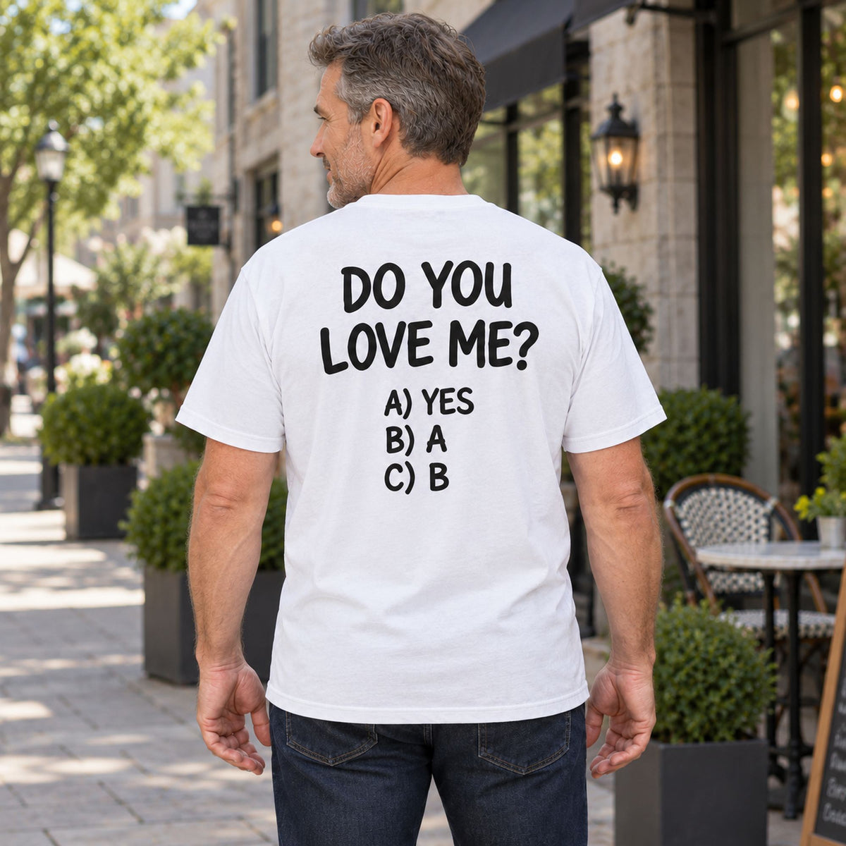 White graphic tee back adult model with Do You Love Me design
