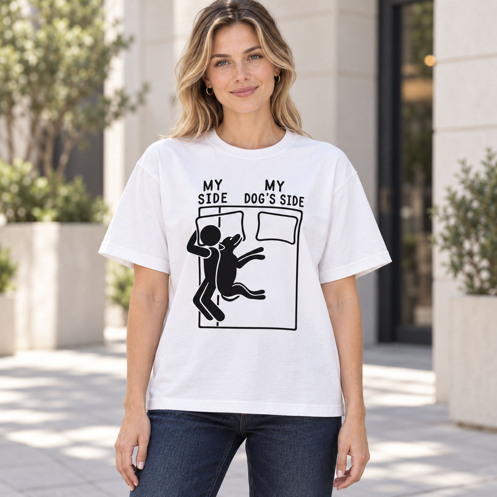 White graphic tee front adult model with My Side My Dog's Side design