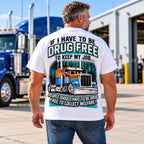 Drug Free Job welfare-policy semi-truck with turquoise accents graphic on white T-shirt back, adult model photo