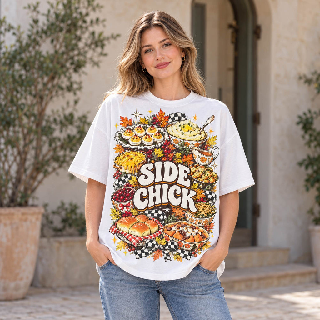 Side Chick Thanksgiving food collage and autumn checkerboard graphic on white T-shirt front, adult model photo