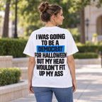 Democrat for Halloween original political-satire slogan with blue word highlight on white T-shirt back, adult model photo
