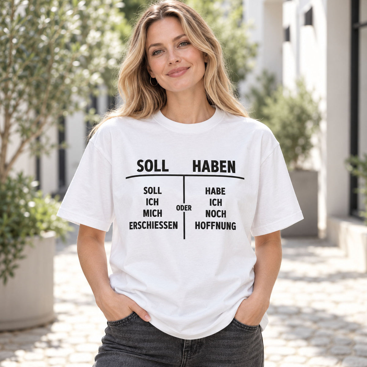 Soll Haben German accounting wordplay and original dark-humor table graphic on white T-shirt front, adult model photo