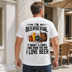 I'm Beersexual funny beer lover tee white oversized back print rear male model at cafe patio
