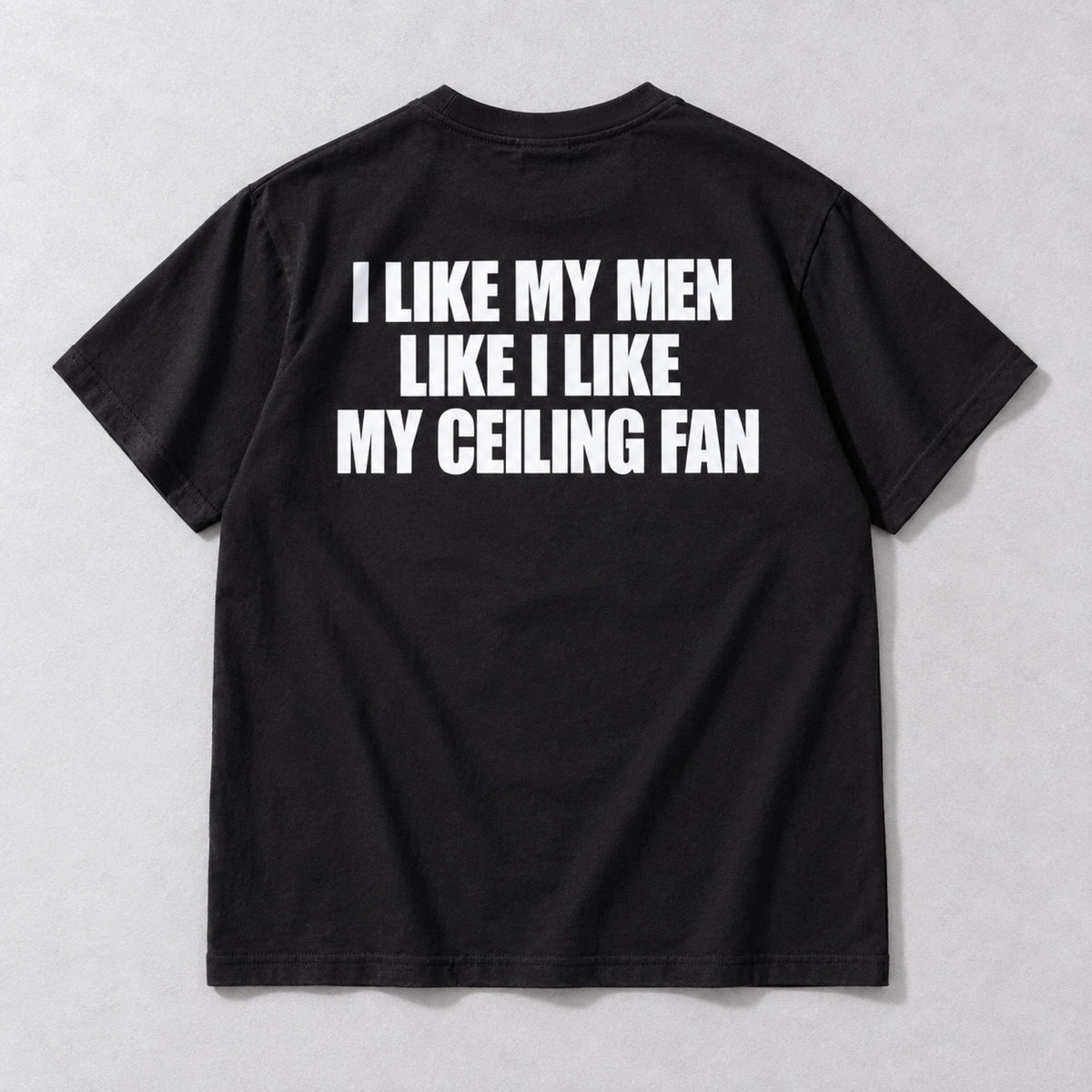 I Like My Men Like I Like My Ceiling Fan black tee back flat lay with white three-line slogan