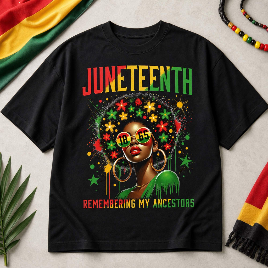 Juneteenth Remembering My Ancestors graphic tee black front flat lay