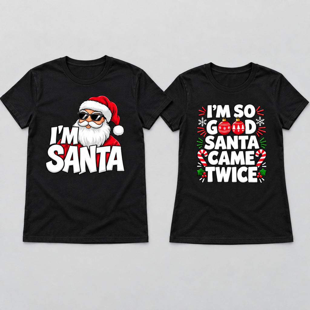 Black Christmas couple graphic tees laid flat, men's I'm Santa design left and women's design right