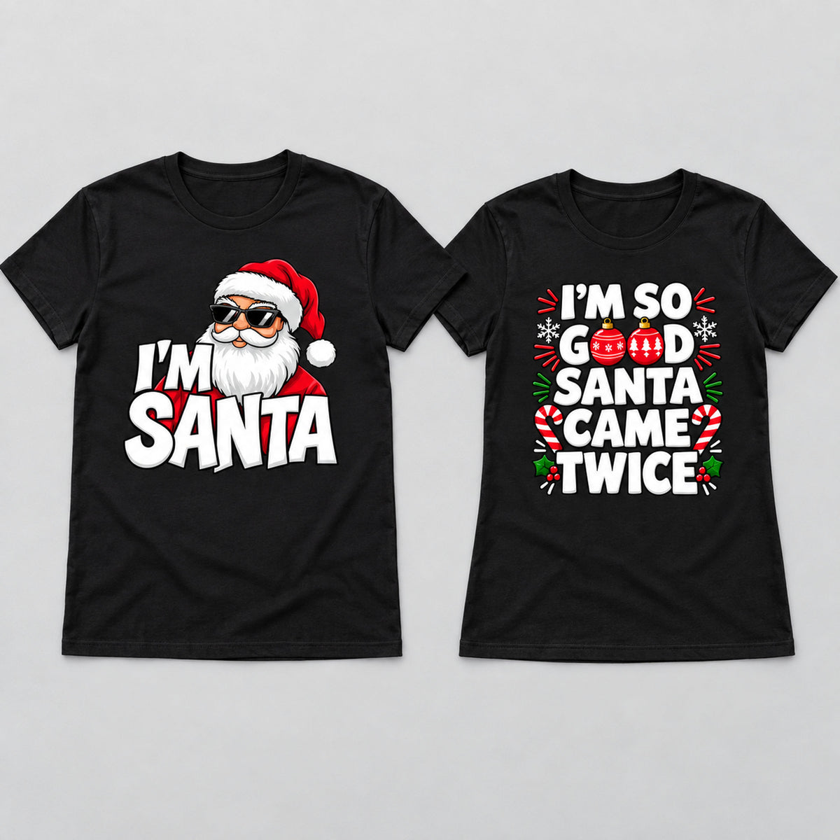 Black Christmas couple graphic tees laid flat, men's I'm Santa design left and women's design right