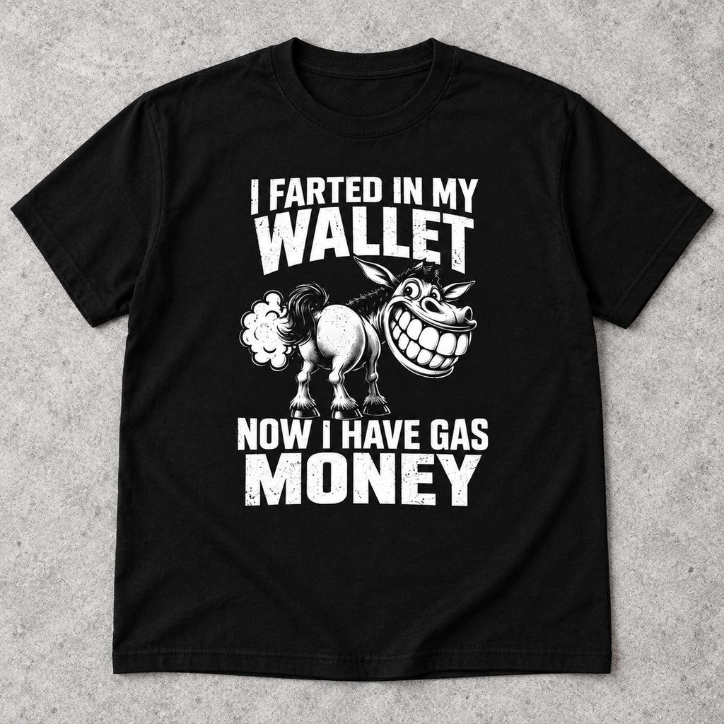 I Farted In My Wallet funny donkey graphic tee, black front flat lay on light stone