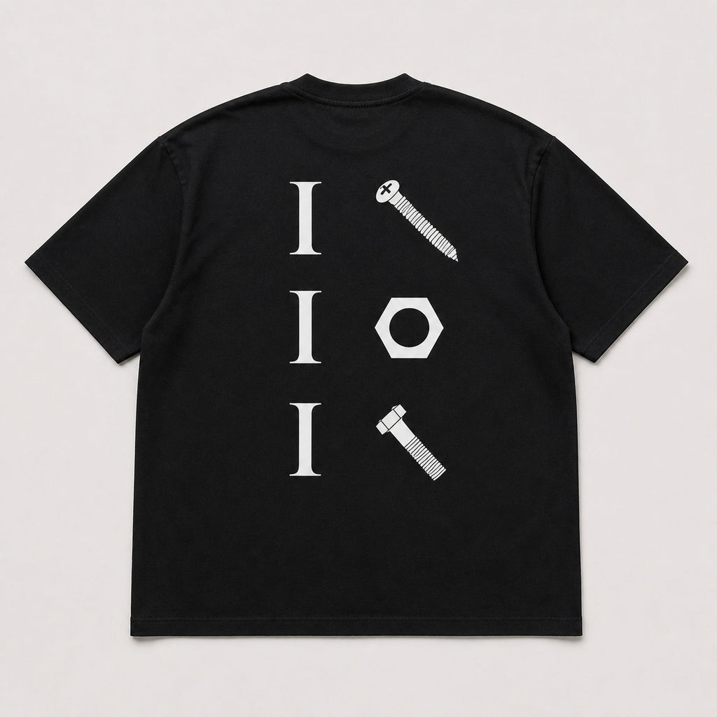 I Screw I Nut I Bolt mechanic humor graphic tee black back flat lay