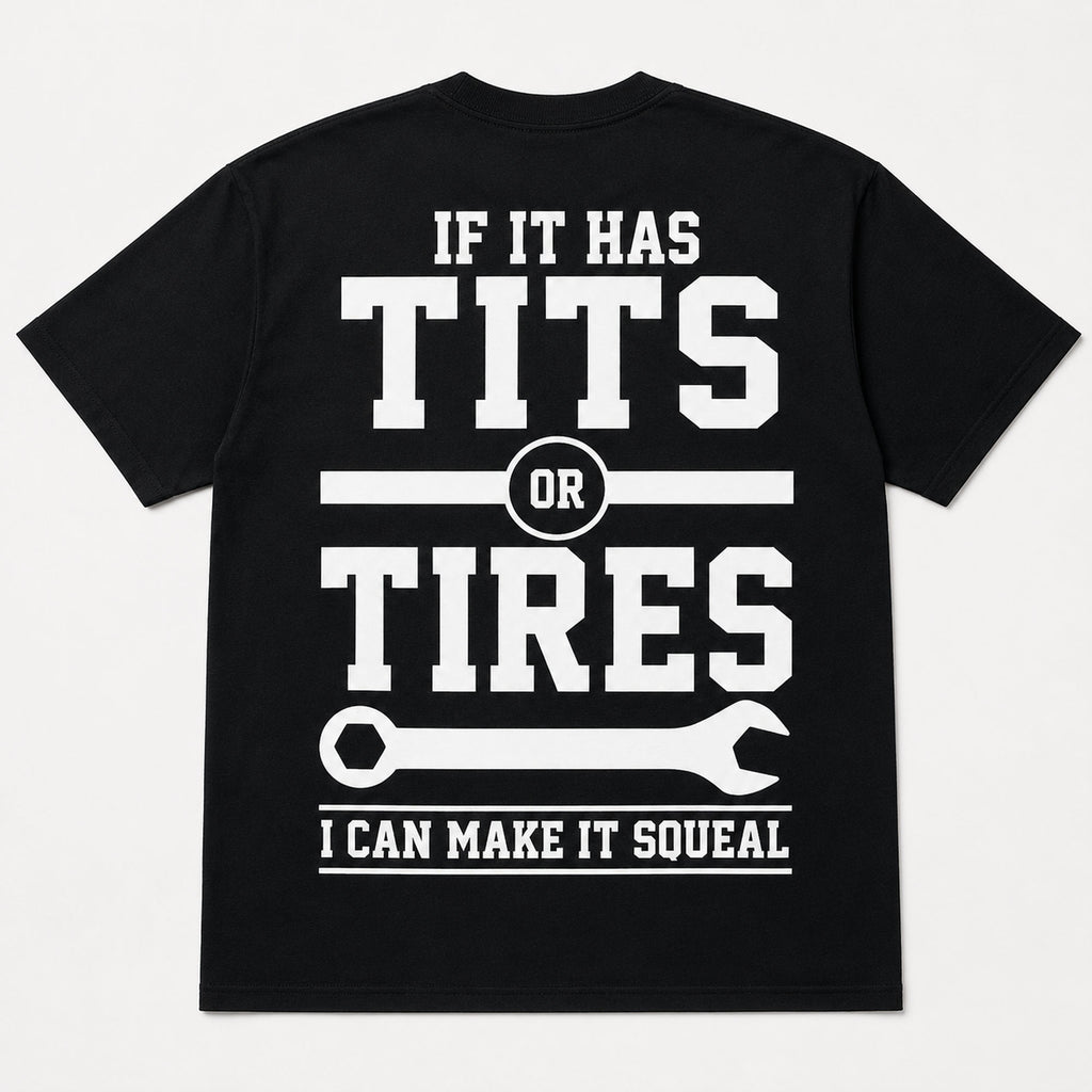 If It Has Tits Or Tires blue-collar dad graphic tee black back print flat lay
