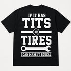 If It Has Tits Or Tires blue-collar dad graphic tee black back print flat lay