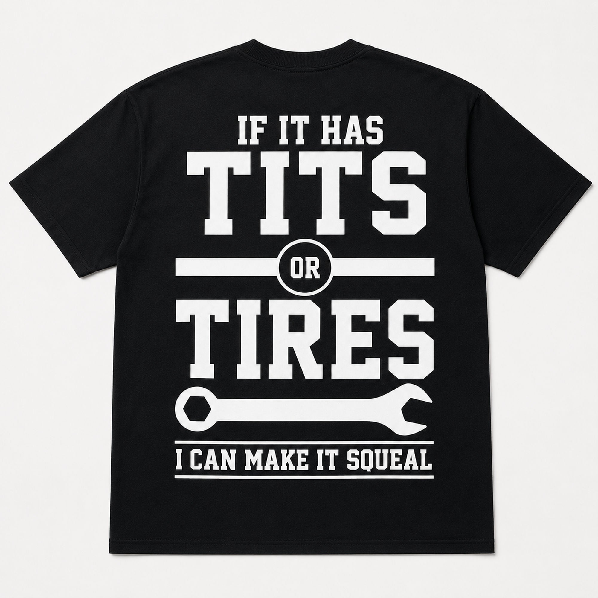 If It Has Tits Or Tires blue-collar dad graphic tee black back print flat lay
