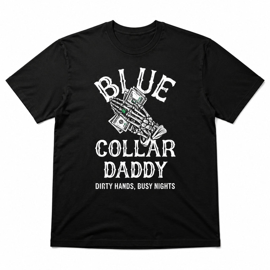 Blue Collar Daddy back print black tee flat lay