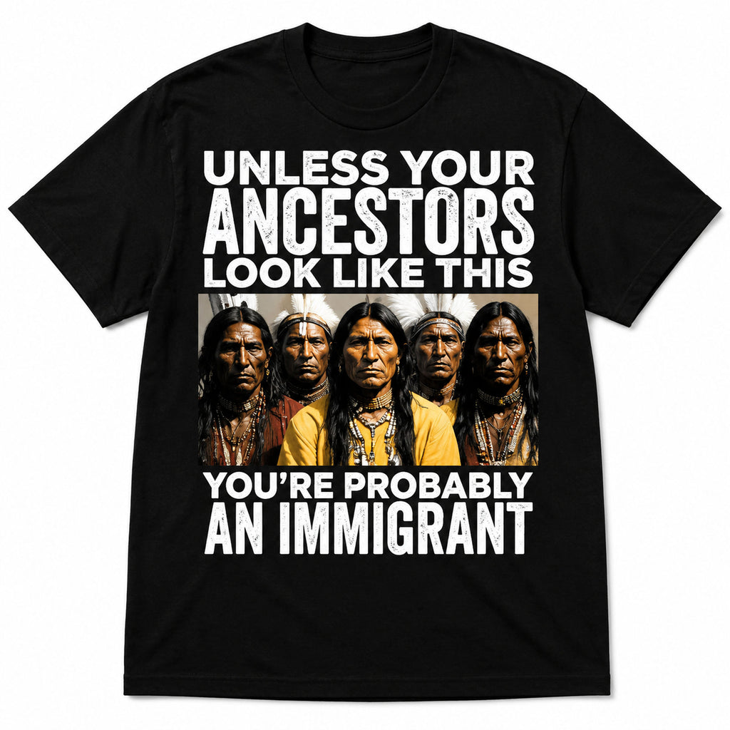 Unless Your Ancestors heritage portrait back print black tee flat lay