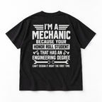 Black I'm A Mechanic engineering degree graphic tee, large back-view flat lay with wrench artwork
