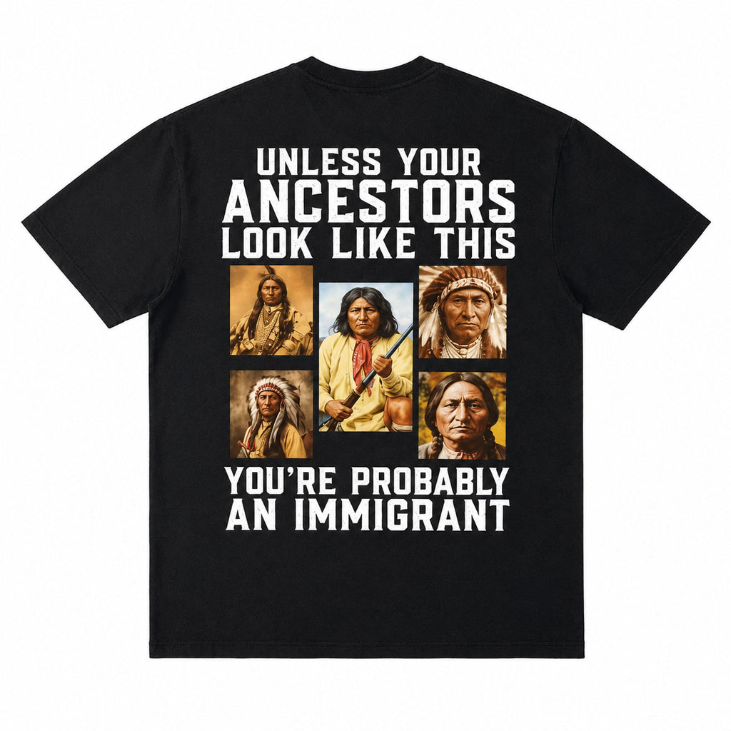 Unless Your Ancestors Indigenous heritage graphic tee black back flat lay