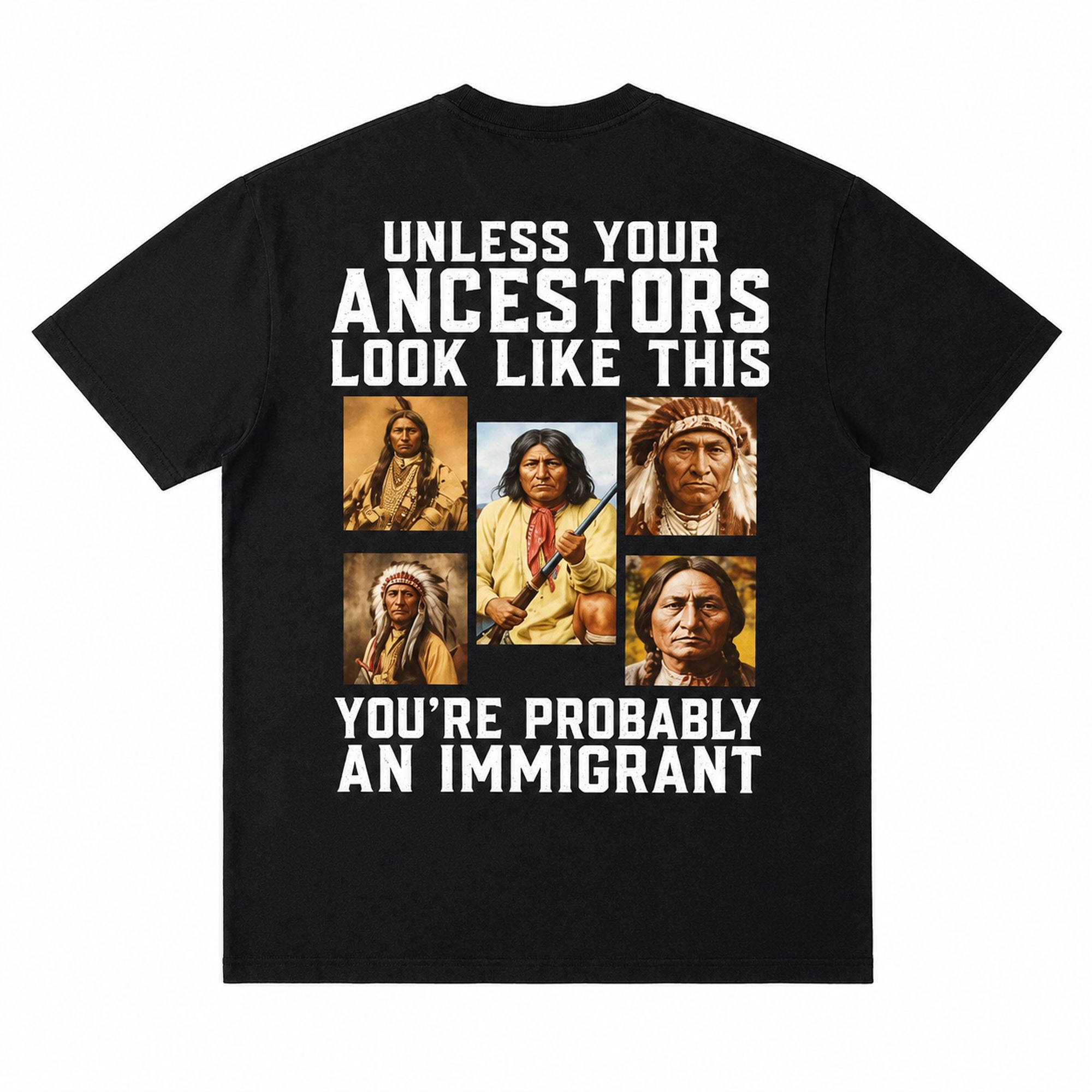 Unless Your Ancestors Indigenous heritage graphic tee black back flat lay