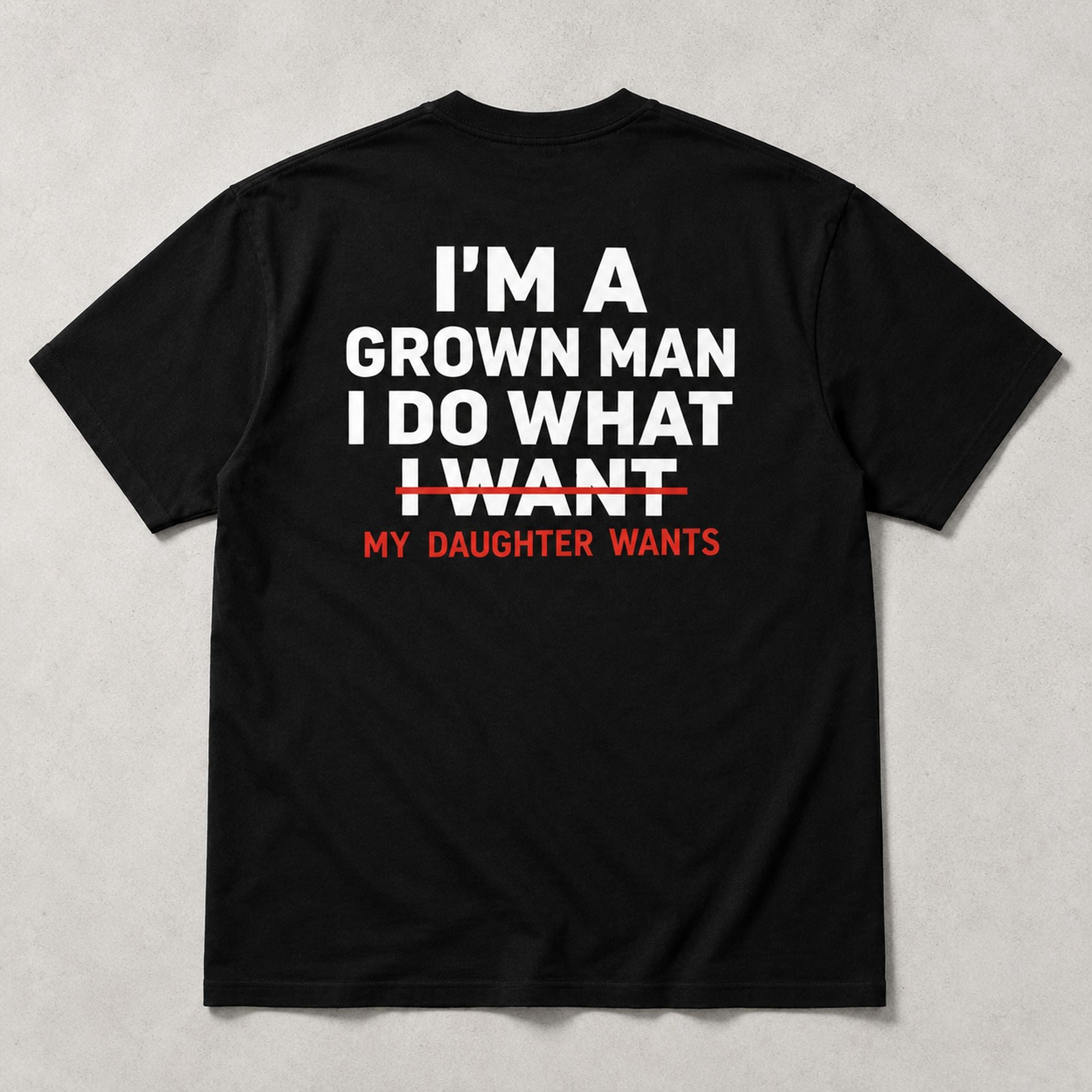 I'm A Grown Man My Daughter Wants black back print graphic tee flat lay