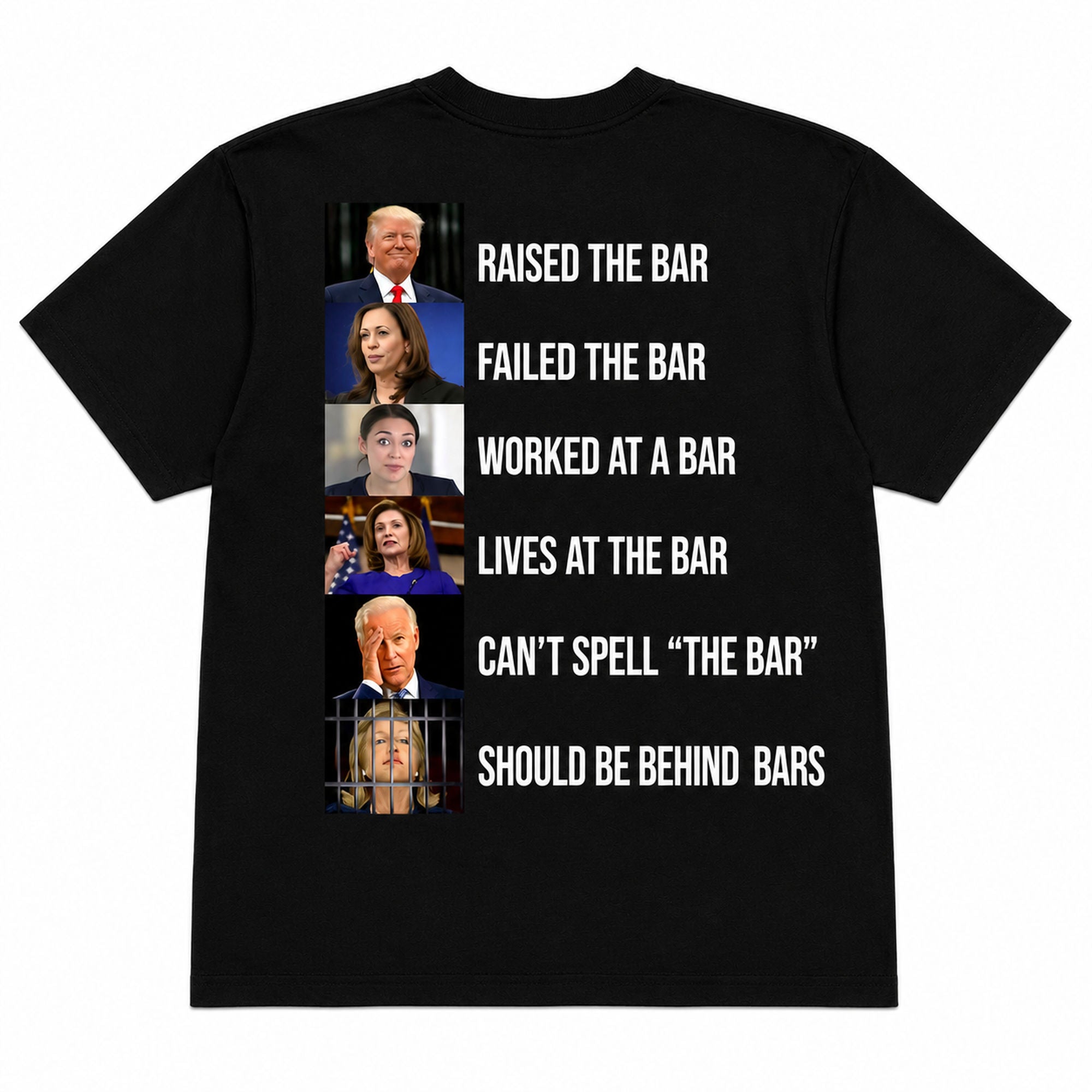 Bar Lineup political meme graphic tee black back print flat lay