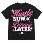 Hustle Now Punani Later funny graphic tee black back print flat lay