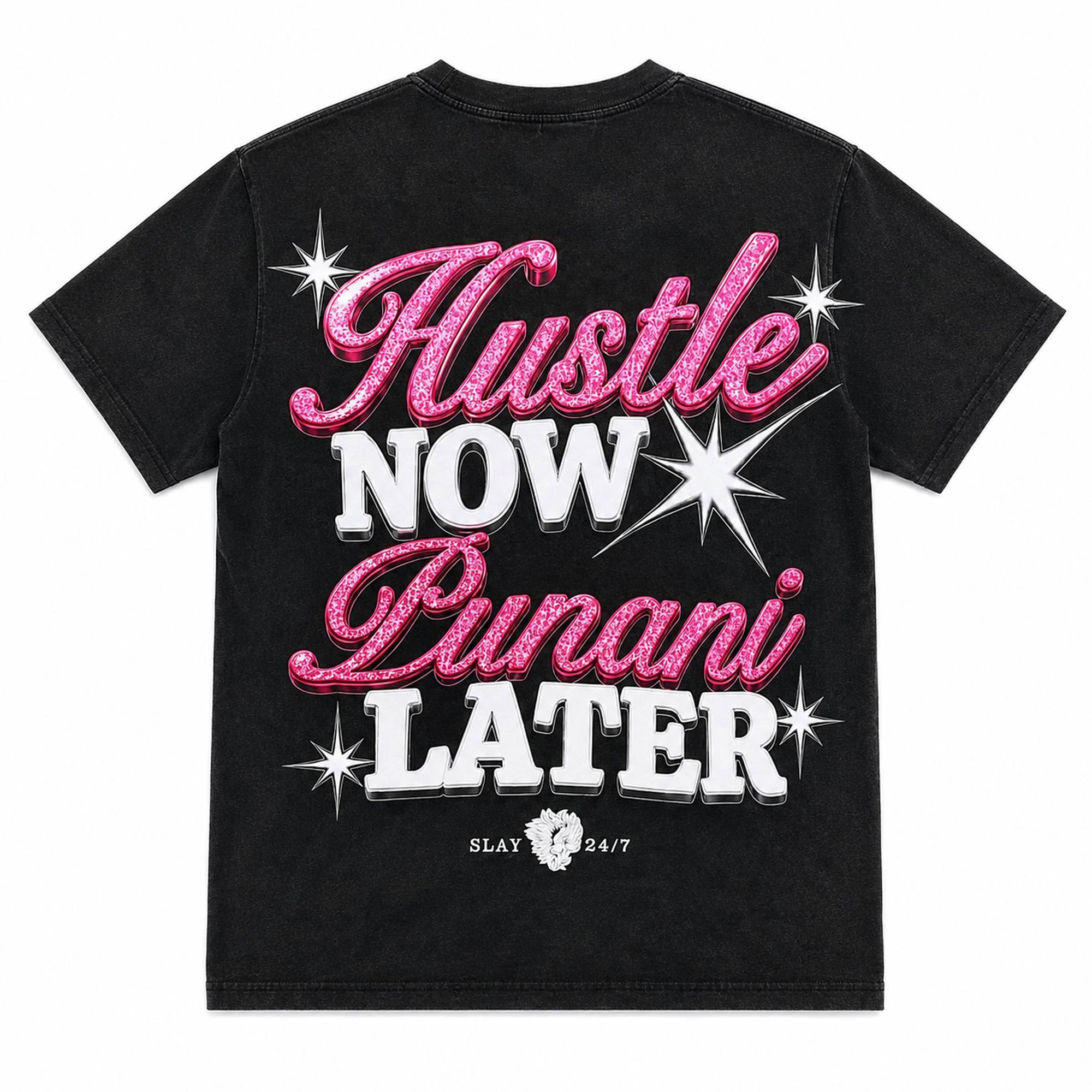 Hustle Now Punani Later funny graphic tee black back print flat lay