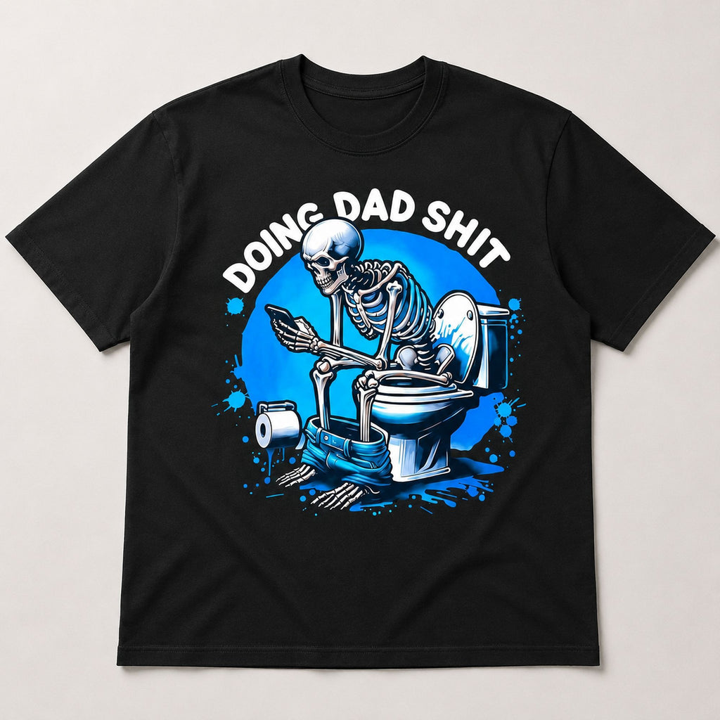 Dad Duty Skeleton Bathroom Break funny dad graphic tee black front flat lay
