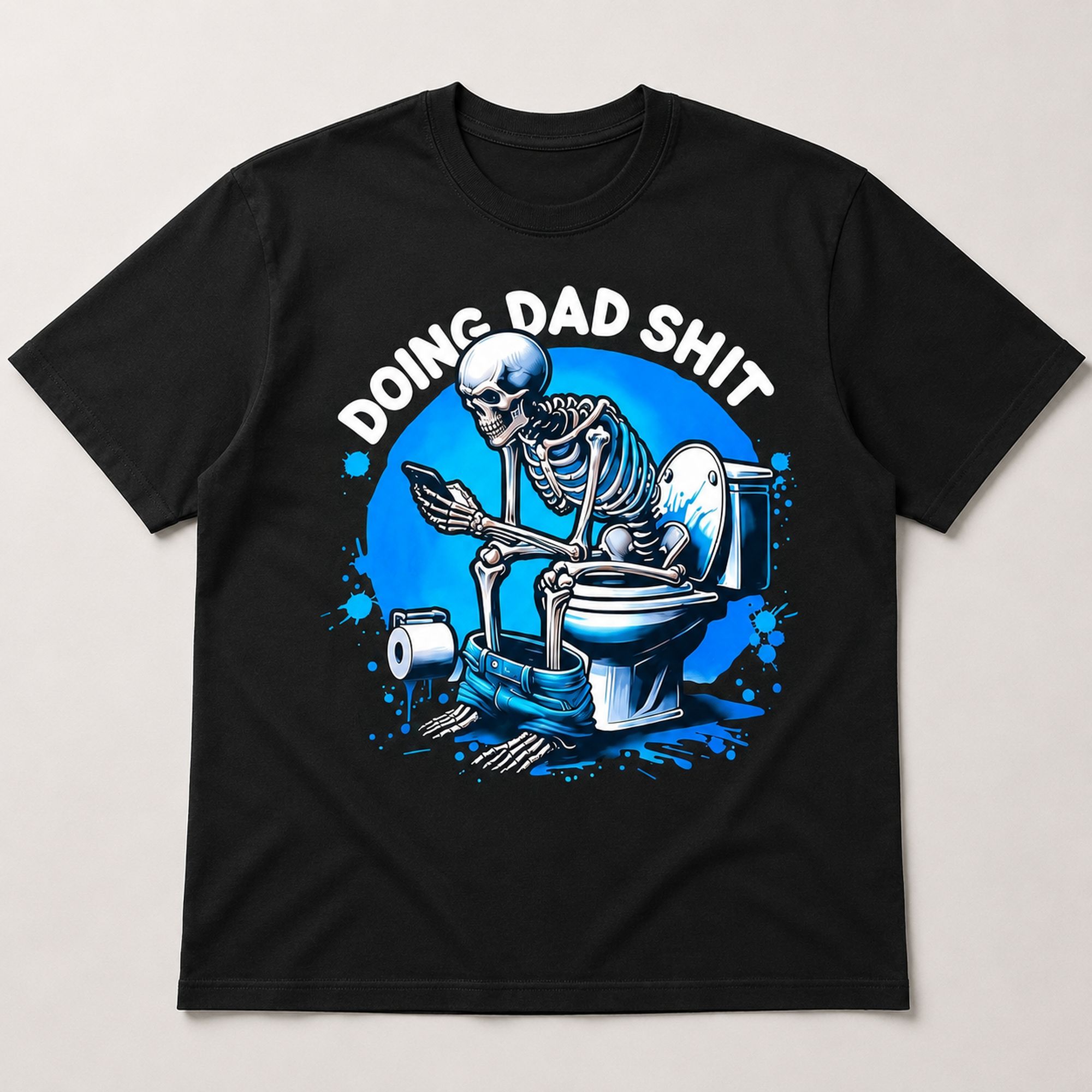 Dad Duty Skeleton Bathroom Break funny dad graphic tee black front flat lay