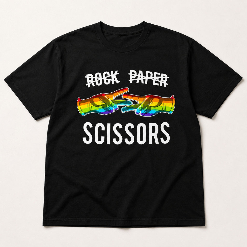 Rock Paper Scissors Rainbow Hands Pride graphic tee black flat lay