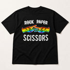 Rock Paper Scissors Rainbow Hands Pride graphic tee black flat lay